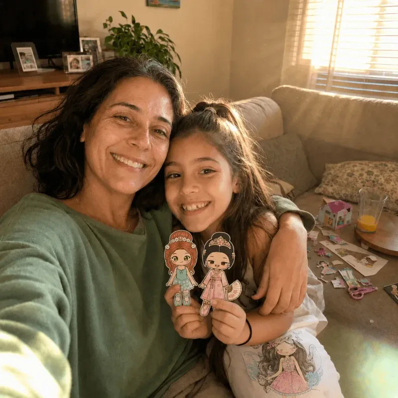 Mãe e filha brincando com bonecas de papel 2